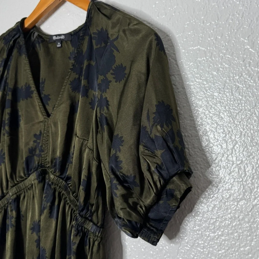 Madewell Shirred Puff Sleeve Top in Satin Mossy Umber Floral Blouse Womens XS